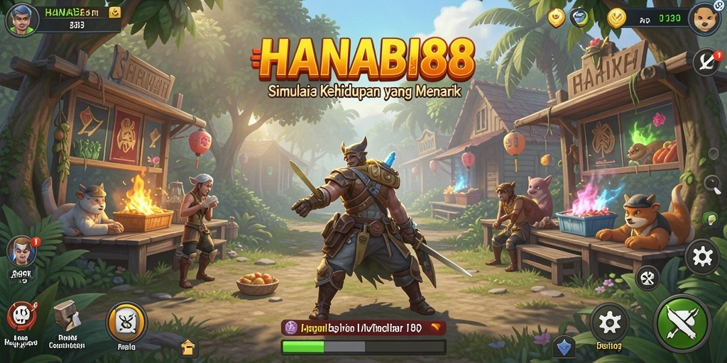 Screenshot utama HANABI88 menampilkan karakter dalam simulasi kehidupan yang ceria.