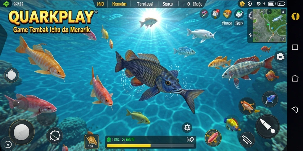 Tangkapan layar utama menunjukkan aksi menembak ikan di bawah laut.