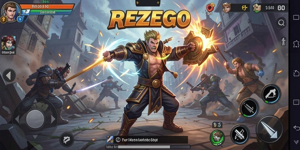 Tampilan gameplay REZEGO dengan aksi pertarungan yang seru dan karakter dinamis.